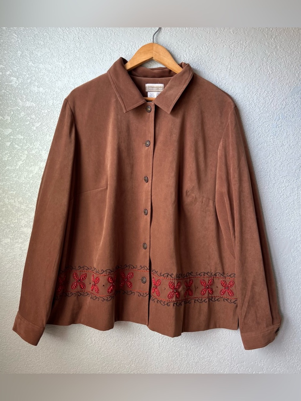 Brown Faux Suede Jacket Embroidered Western Boho Button Up Coat 2X